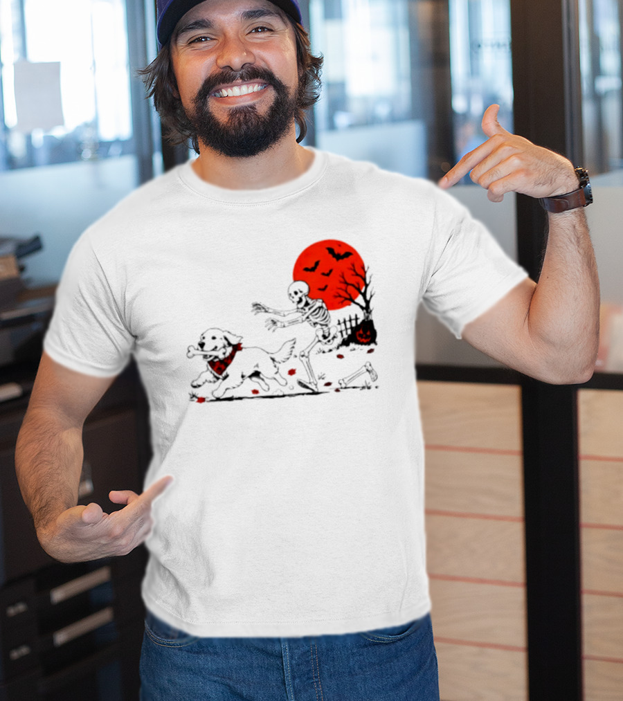 Golden Retriever And Skeleton Chase Under Red Moon With Bats And Pumpkin T-Shirt