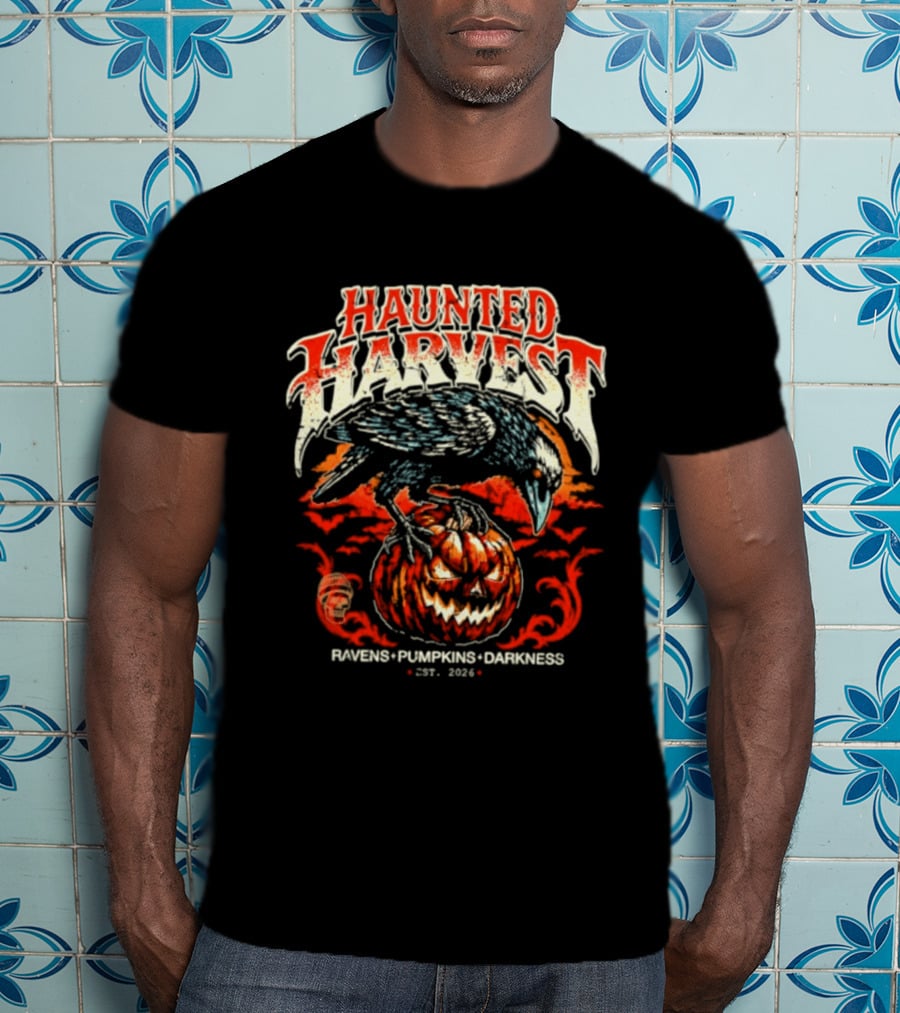 Haunted Harvest Ravens Pumpkins Darkness Est 2026 T-Shirt