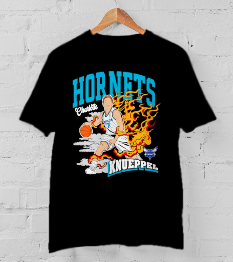 Charlotte Hornets Kon Knueppel Basketball With Flames Motif T-Shirt