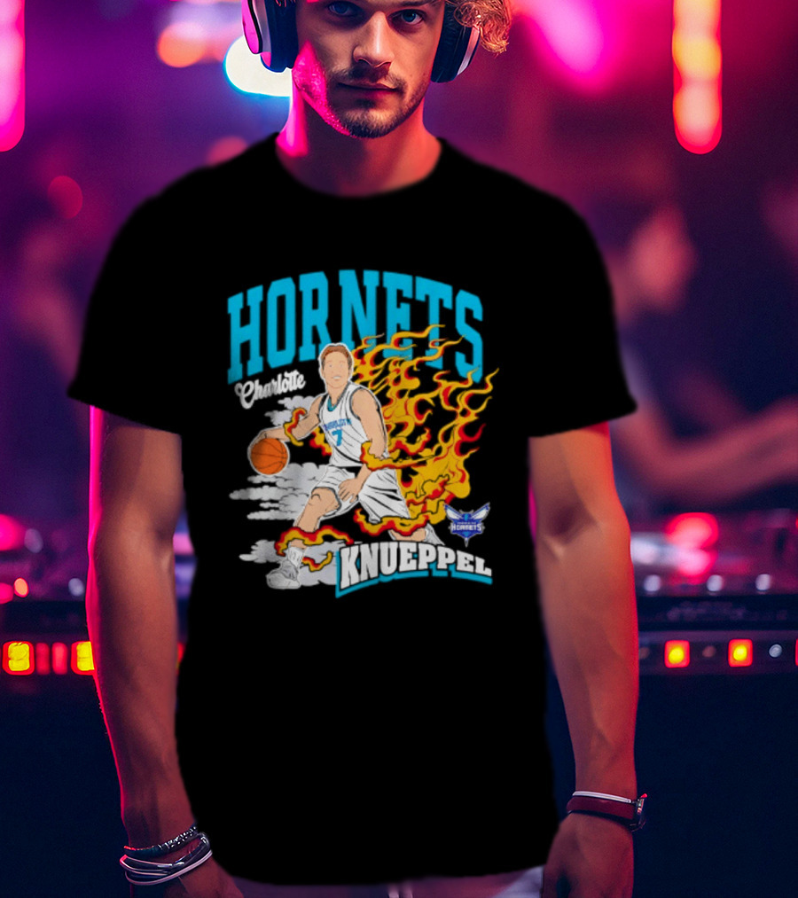 Charlotte Hornets Kon Knueppel Basketball With Flames Motif T-Shirt