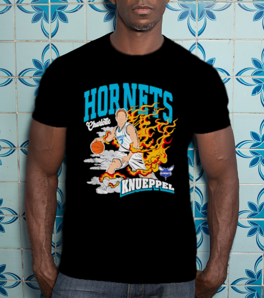 Charlotte Hornets Kon Knueppel Basketball With Flames Motif T-Shirt