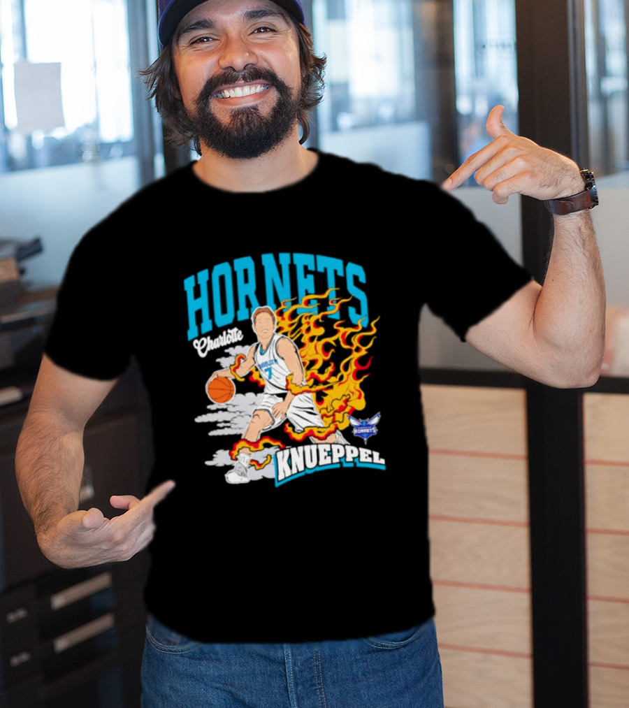 Charlotte Hornets Kon Knueppel Basketball With Flames Motif T-Shirt