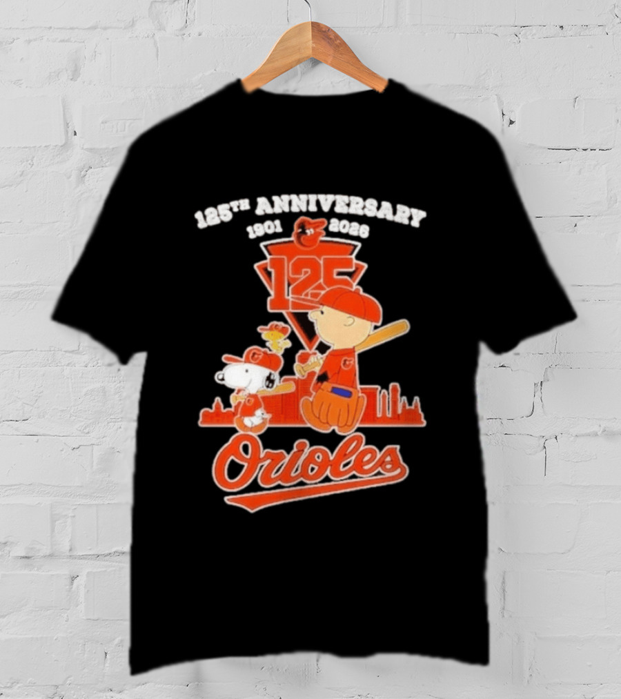 Peanuts Snoopy Baltimore Orioles 125th Anniversary 1901 2026 Skyline Baseball T-Shirt