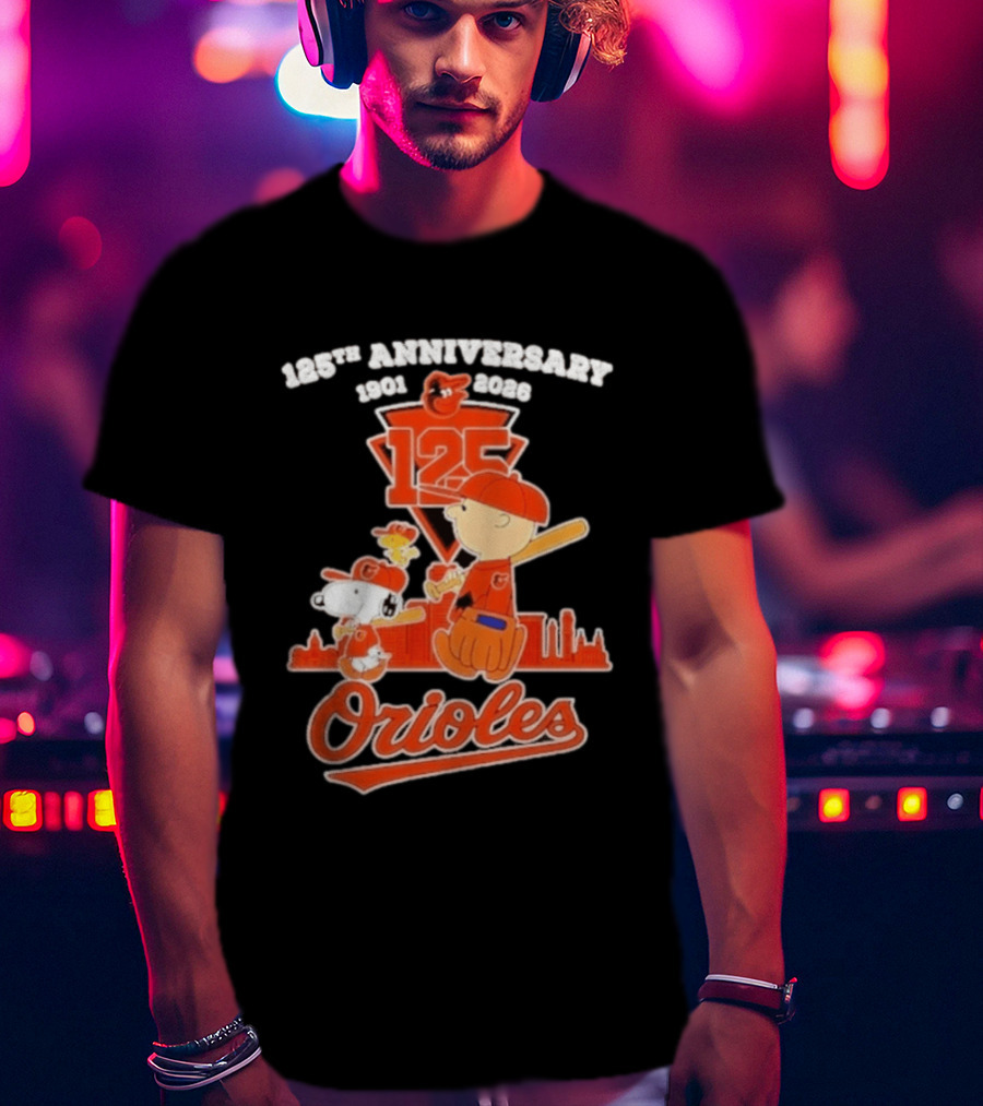 Peanuts Snoopy Baltimore Orioles 125th Anniversary 1901 2026 Skyline Baseball T-Shirt