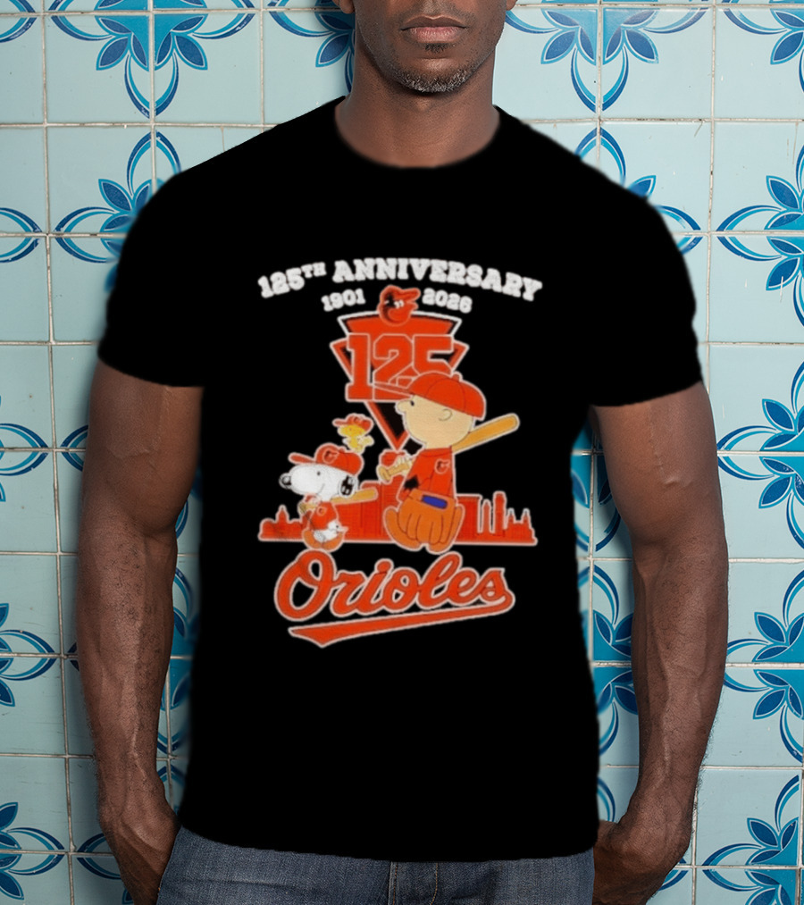 Peanuts Snoopy Baltimore Orioles 125th Anniversary 1901 2026 Skyline Baseball T-Shirt