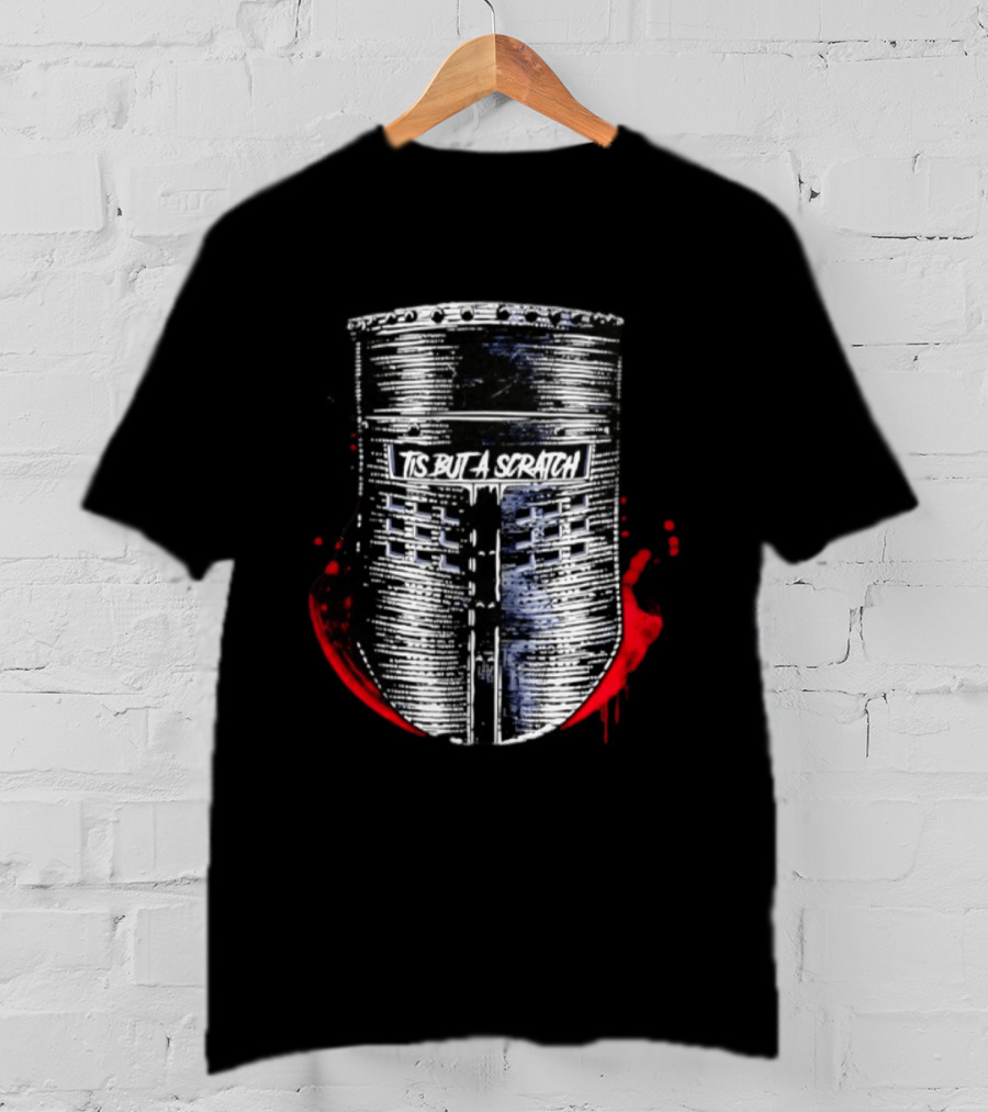 Tis But A Scratch Knight Helmet Monty Python Black Knight Blood Splatter T-Shirt