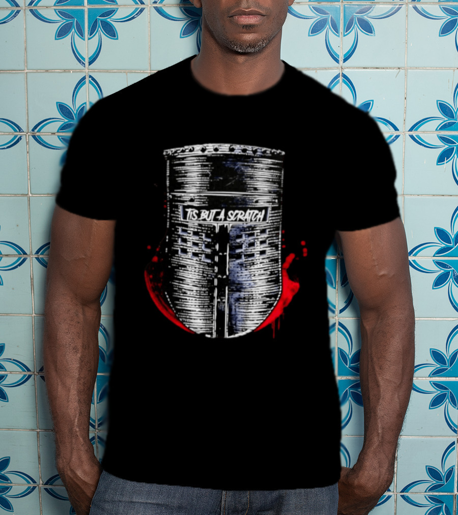 Tis But A Scratch Knight Helmet Monty Python Black Knight Blood Splatter T-Shirt