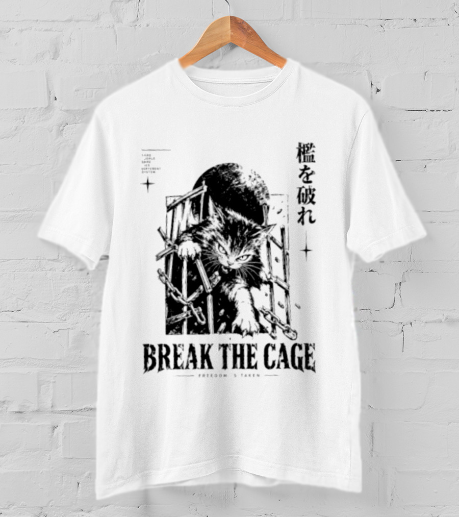 Break The Cage Freedom Is Taken Cat Kanji T-Shirt