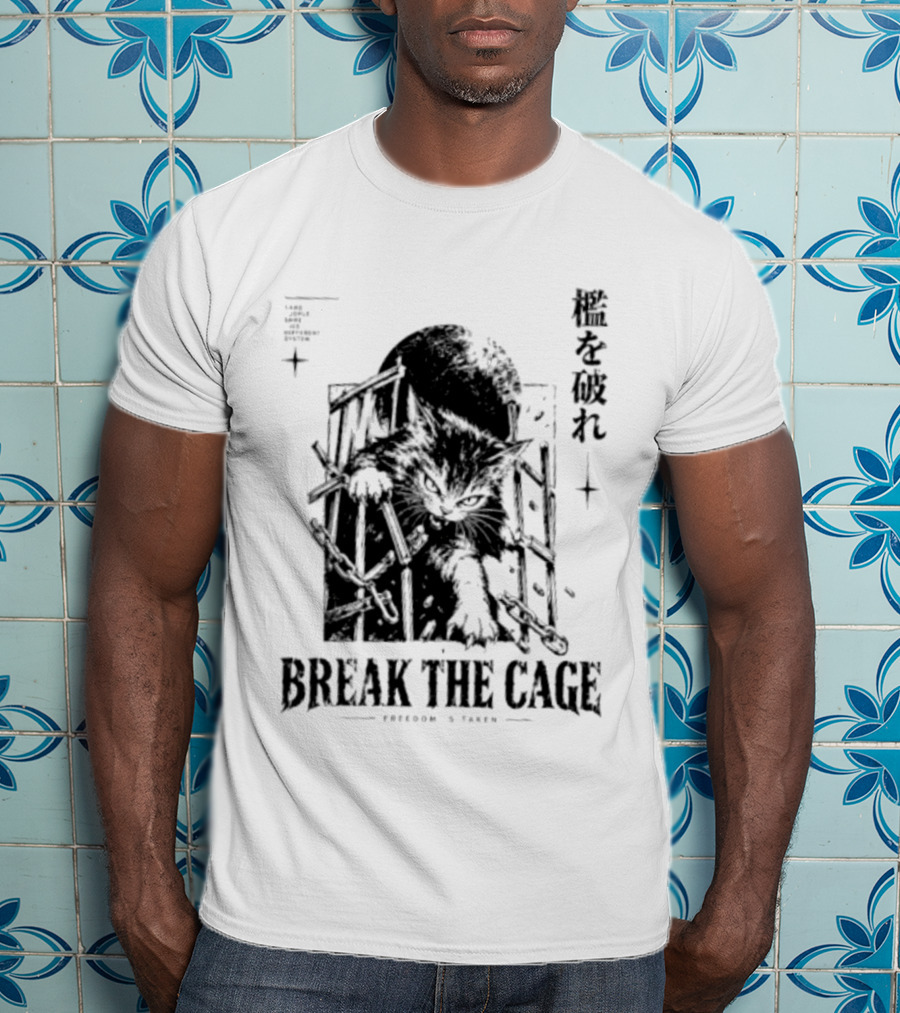 Break The Cage Freedom Is Taken Cat Kanji T-Shirt