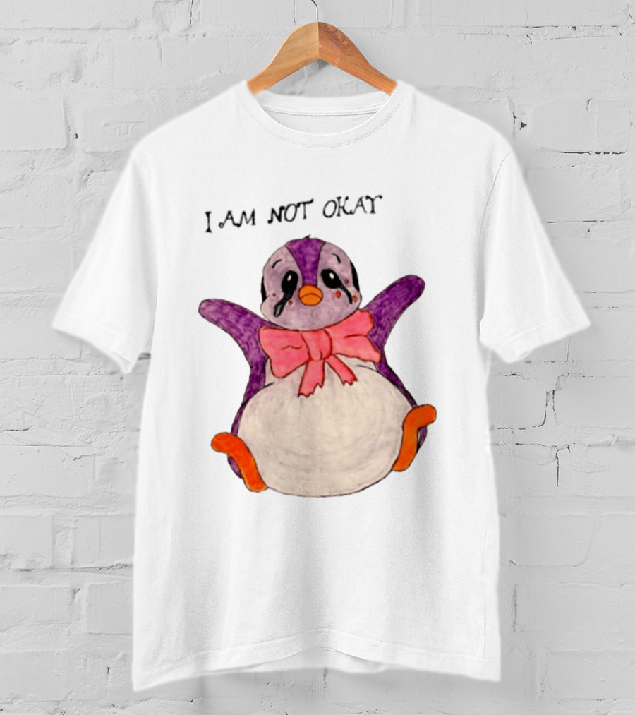 I Am Not Okay Crying Penguin Aesthetic Bow Tearful Purple Orange T-Shirt