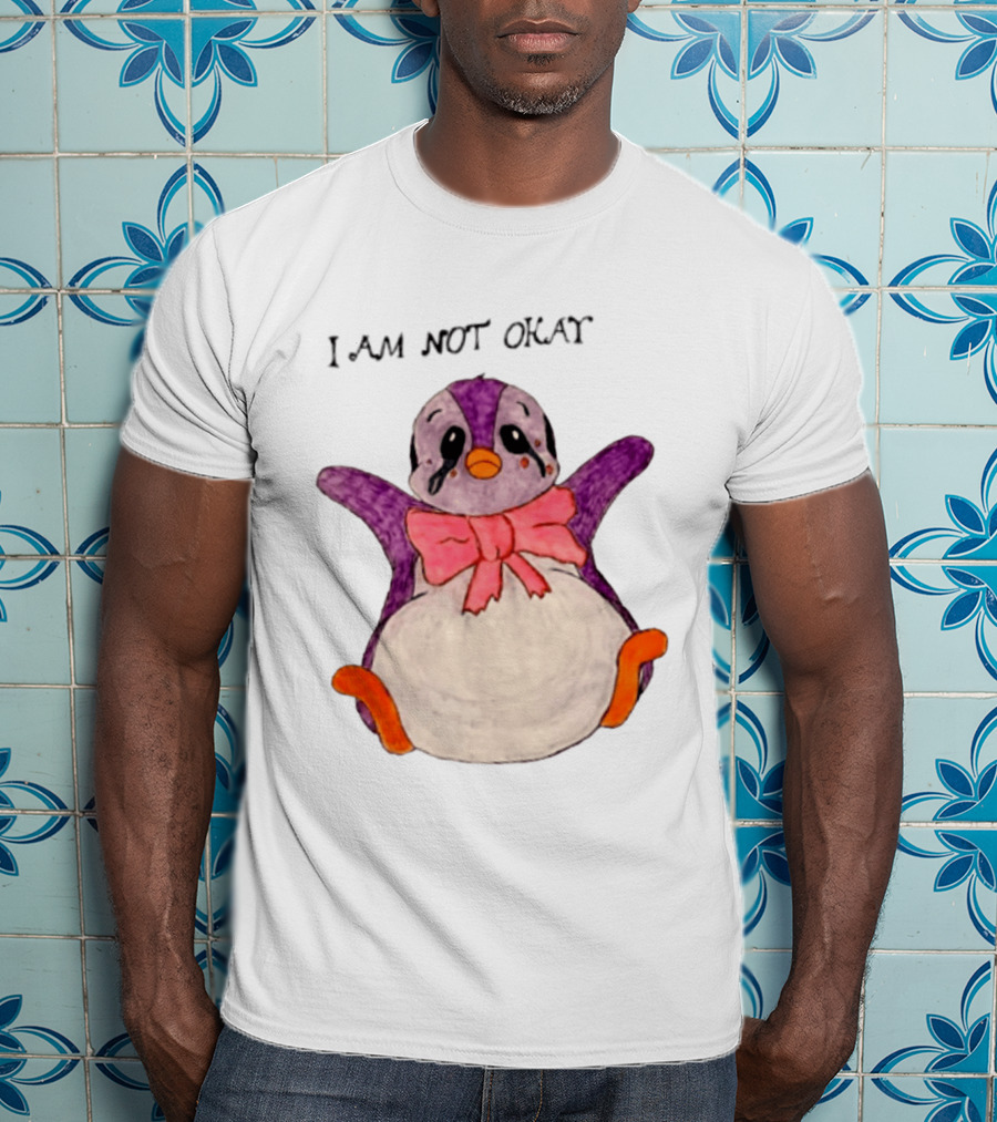 I Am Not Okay Crying Penguin Aesthetic Bow Tearful Purple Orange T-Shirt