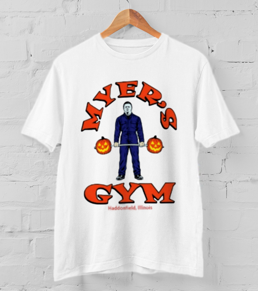 Myers's Gym Haddonfield Illinois Michael Myers Jack O' Lantern Weightlifting Halloween T-Shirt