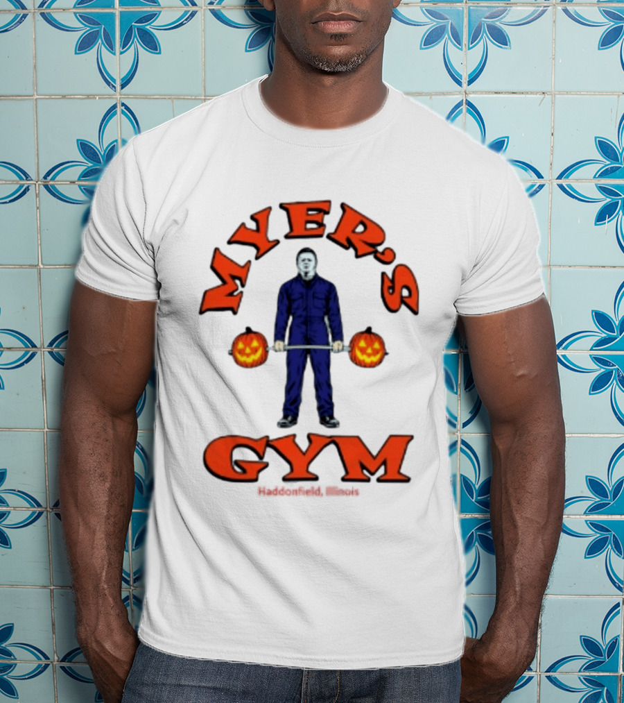 Myers's Gym Haddonfield Illinois Michael Myers Jack O' Lantern Weightlifting Halloween T-Shirt