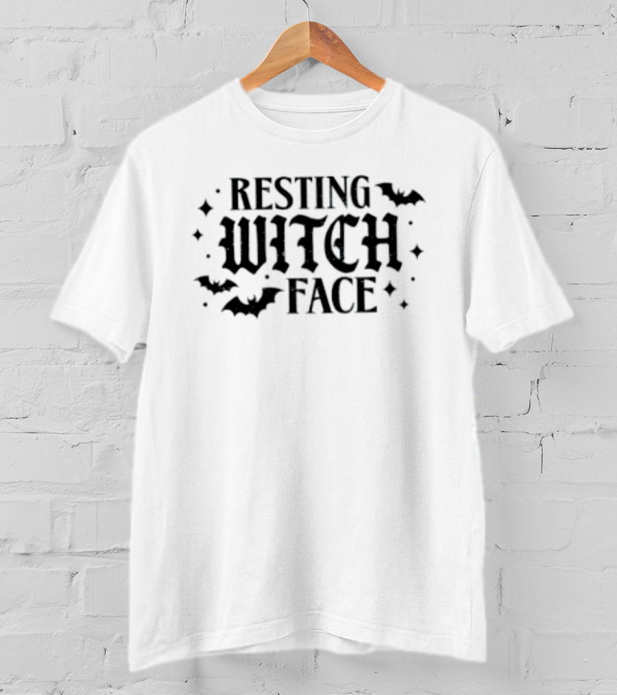 Resting Witch Face Halloween Bats And Stars Spooky T-Shirt