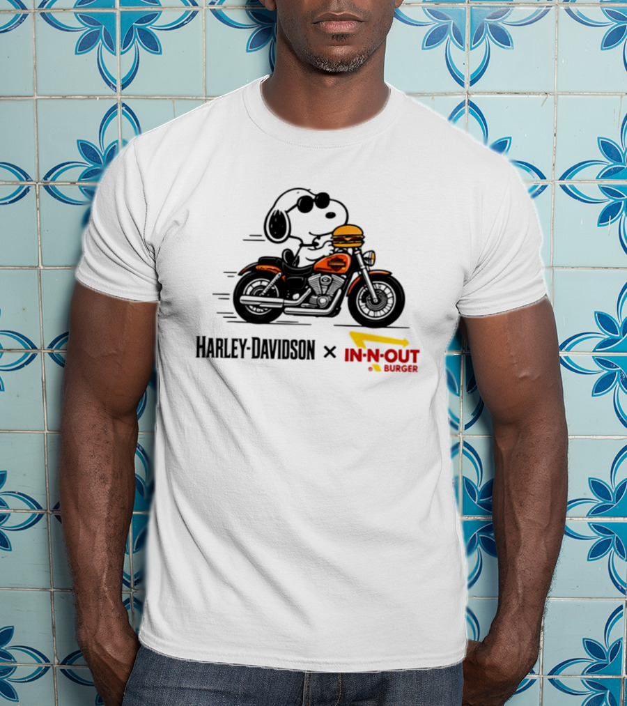 Snoopy Riding Harley Davidson With In N Out Burger Collaboration T-Shirt