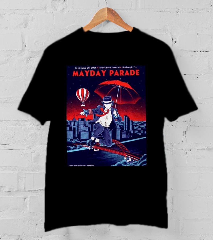 Mayday Parade September 26 2026 Four Chord Festival Pittsburgh PA Hot Air Balloon Umbrella Cityscape T-Shirt