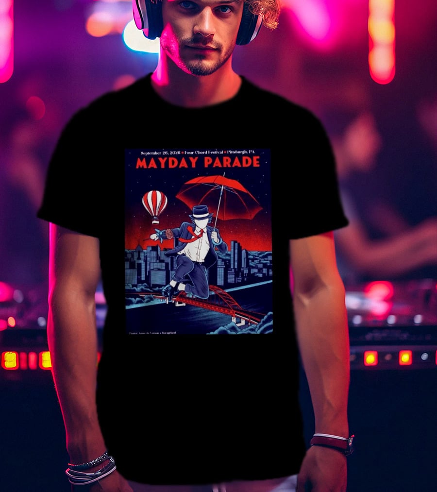 Mayday Parade September 26 2026 Four Chord Festival Pittsburgh PA Hot Air Balloon Umbrella Cityscape T-Shirt