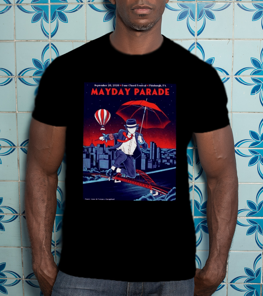 Mayday Parade September 26 2026 Four Chord Festival Pittsburgh PA Hot Air Balloon Umbrella Cityscape T-Shirt