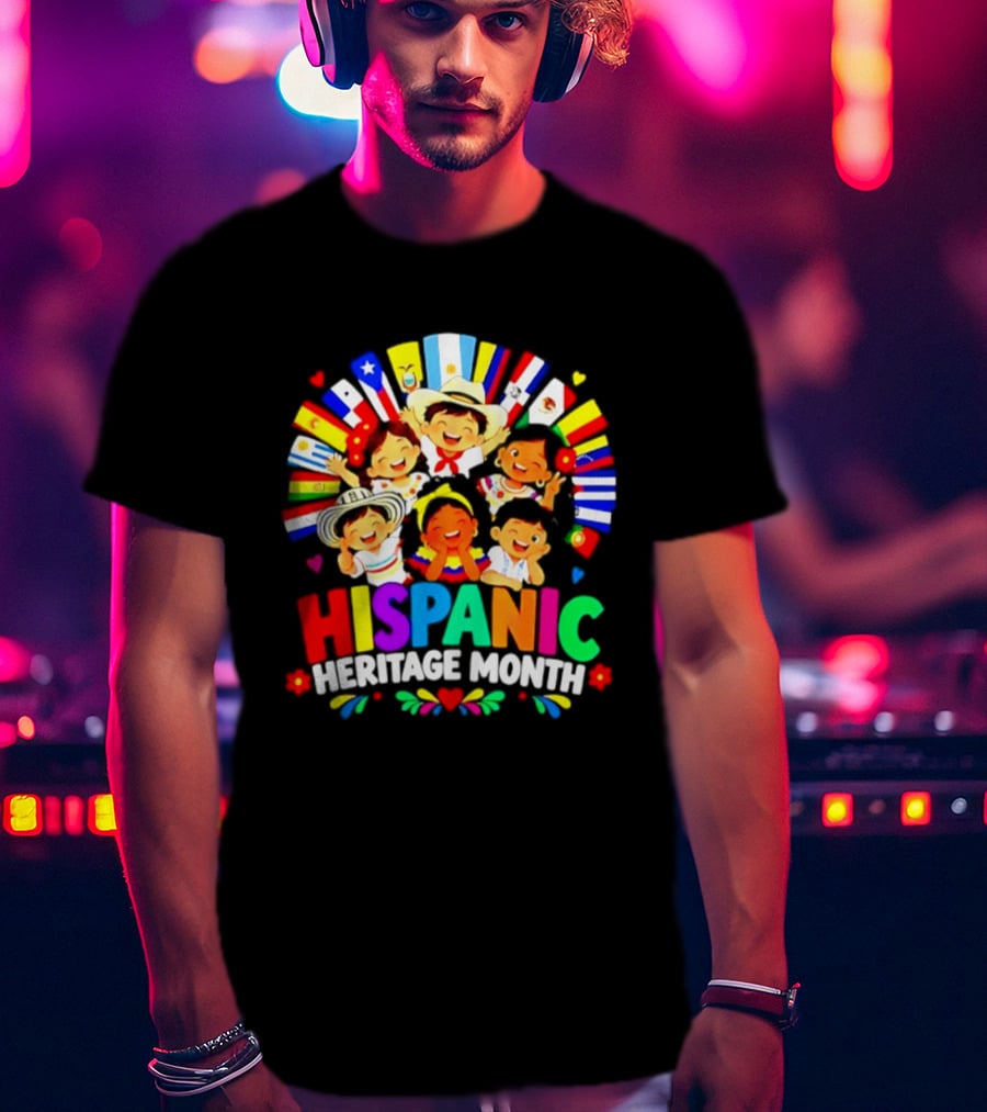Hispanic Heritage Month Celebration With Latino Countries Flags And Happy Children T-Shirt