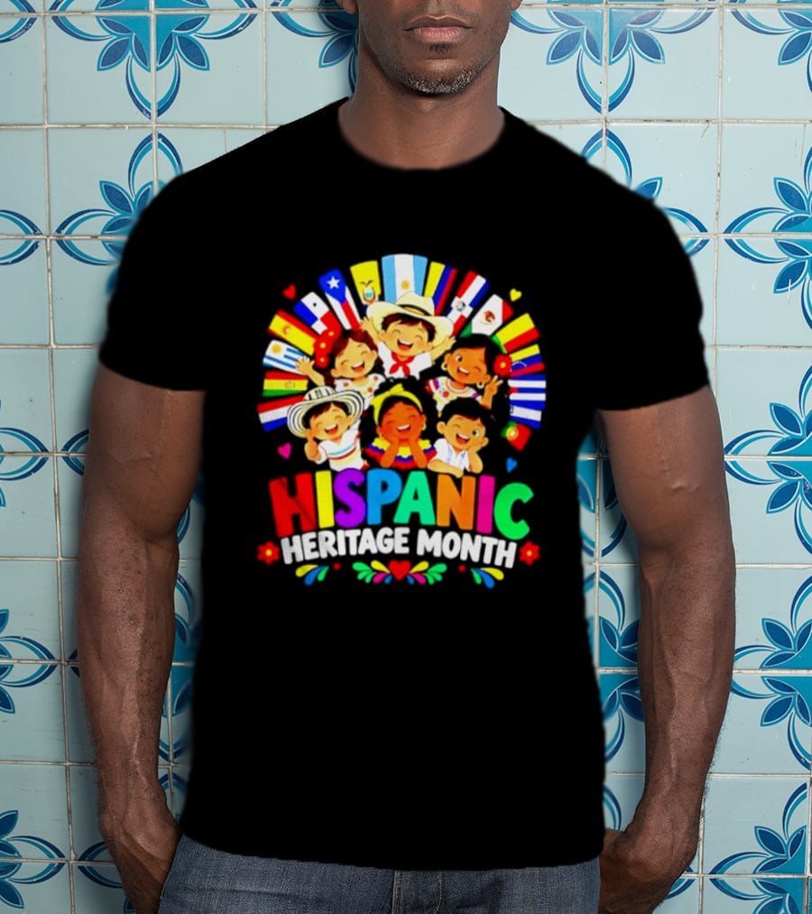 Hispanic Heritage Month Celebration With Latino Countries Flags And Happy Children T-Shirt
