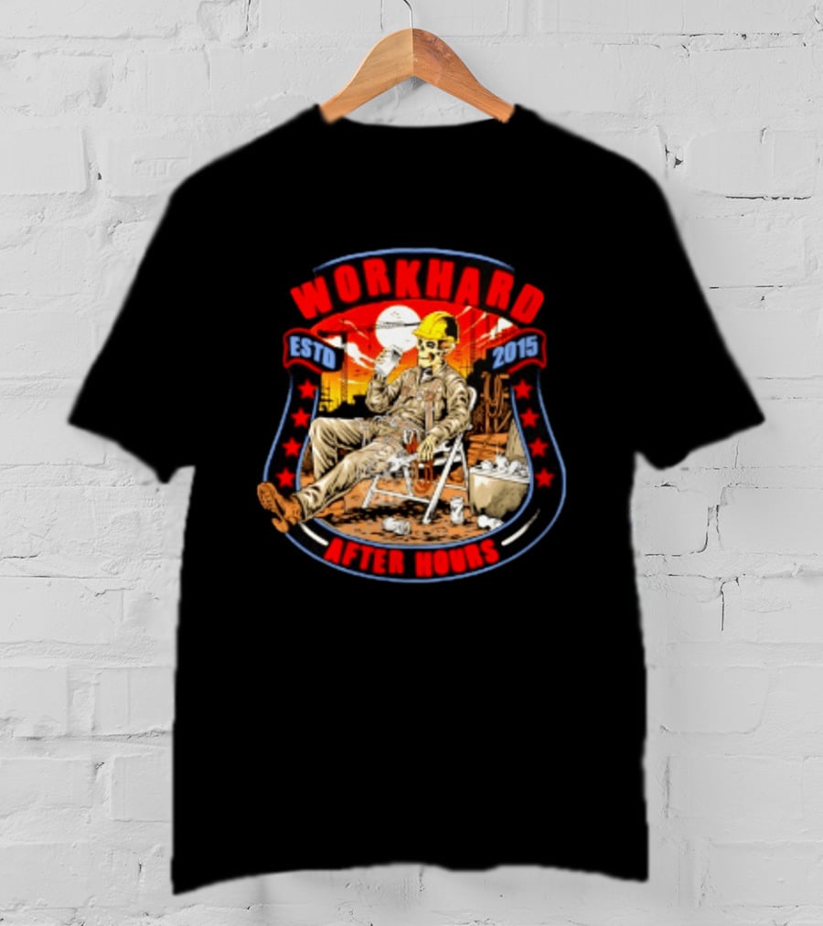 Work Hard After Hours Estd 2015 Skeleton Construction Worker Relaxing Moonlight Scene T-Shirt