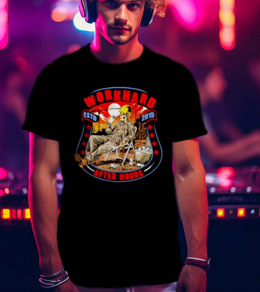 Work Hard After Hours Estd 2015 Skeleton Construction Worker Relaxing Moonlight Scene T-Shirt