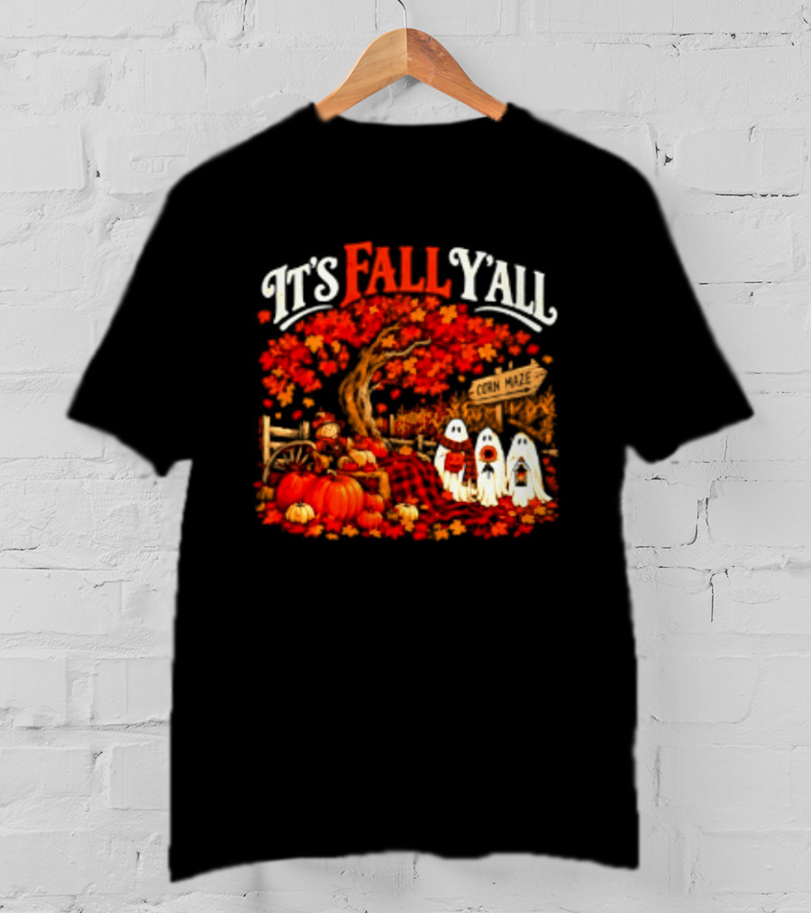It's Fall Y'all Corn Maze Pumpkins Scarecrow Ghosts Halloween Tree T-Shirt