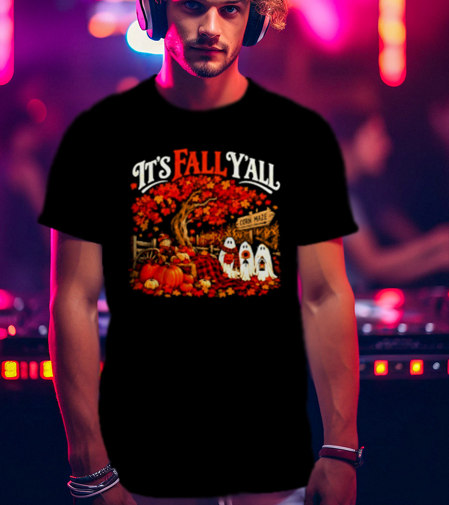 It's Fall Y'all Corn Maze Pumpkins Scarecrow Ghosts Halloween Tree T-Shirt