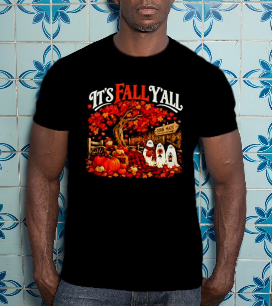 It's Fall Y'all Corn Maze Pumpkins Scarecrow Ghosts Halloween Tree T-Shirt
