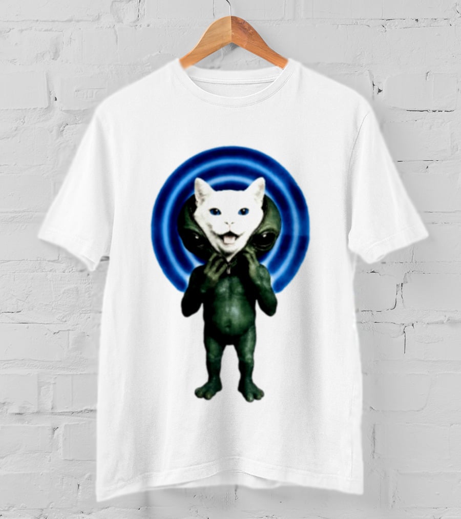 Cat Unzipping Alien Costume Sci Fi Whimsical Blue Ripple Effect T-Shirt