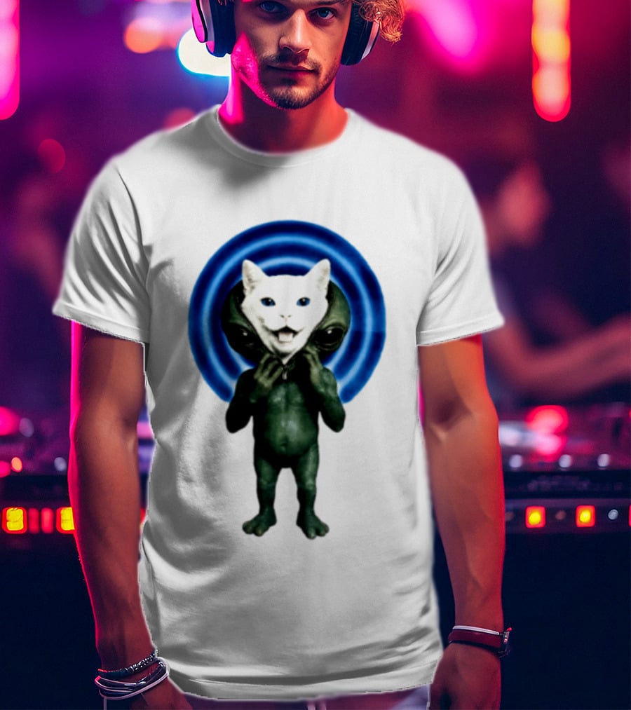 Cat Unzipping Alien Costume Sci Fi Whimsical Blue Ripple Effect T-Shirt