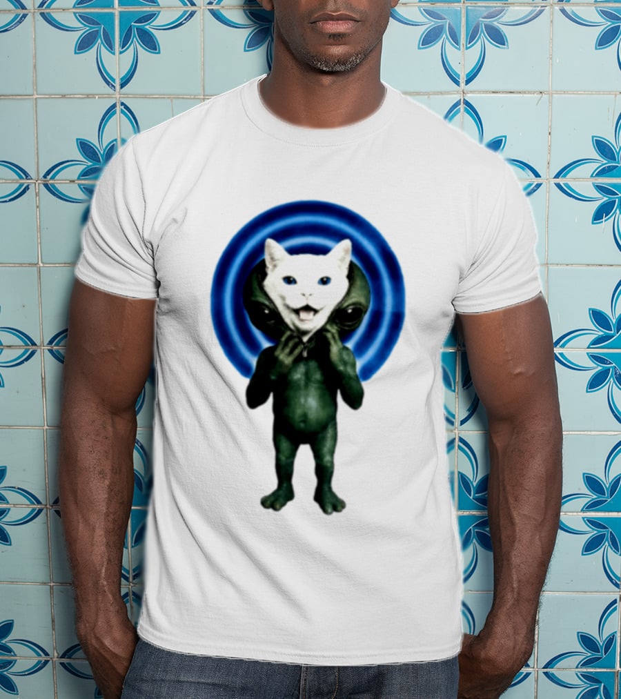 Cat Unzipping Alien Costume Sci Fi Whimsical Blue Ripple Effect T-Shirt