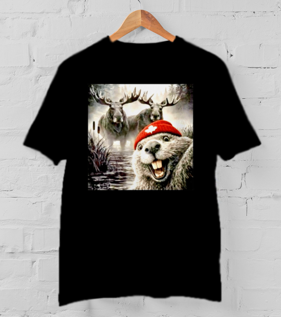 Beaver With Maple Leaf Beanie And Moose Forest Scene T-Shirt