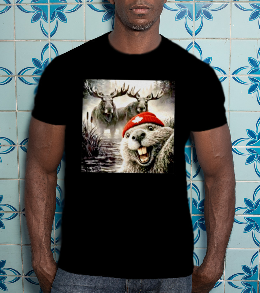 Beaver With Maple Leaf Beanie And Moose Forest Scene T-Shirt