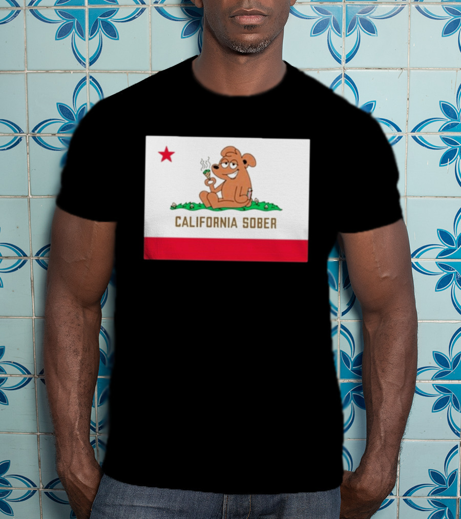 California Sober Bear With Joint And Drink State Flag T-Shirt