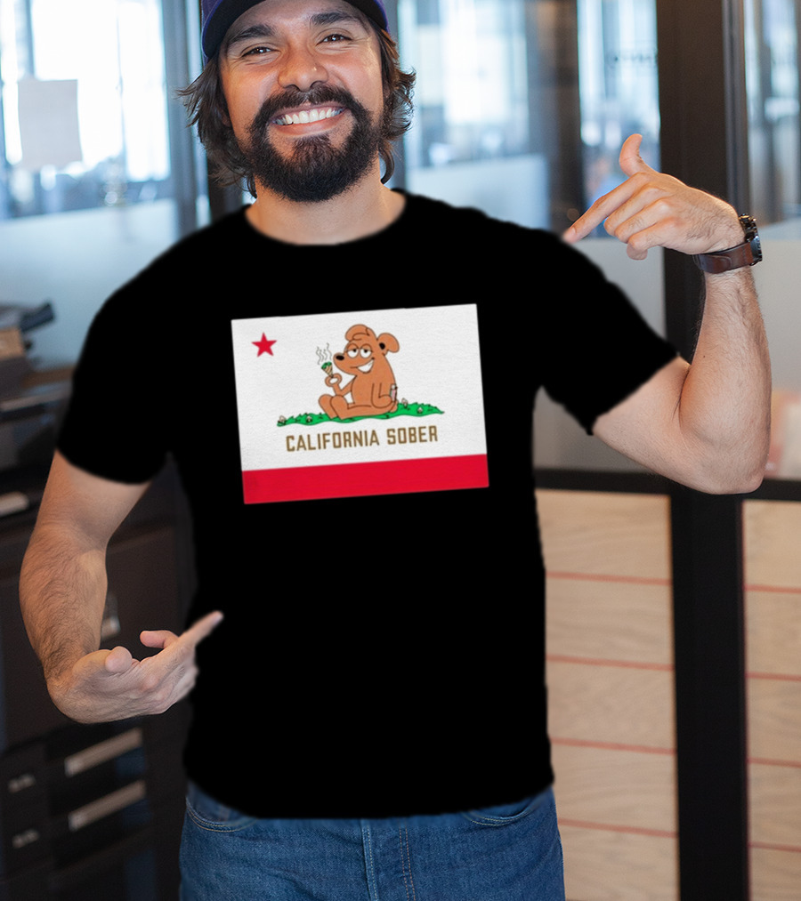 California Sober Bear With Joint And Drink State Flag T-Shirt
