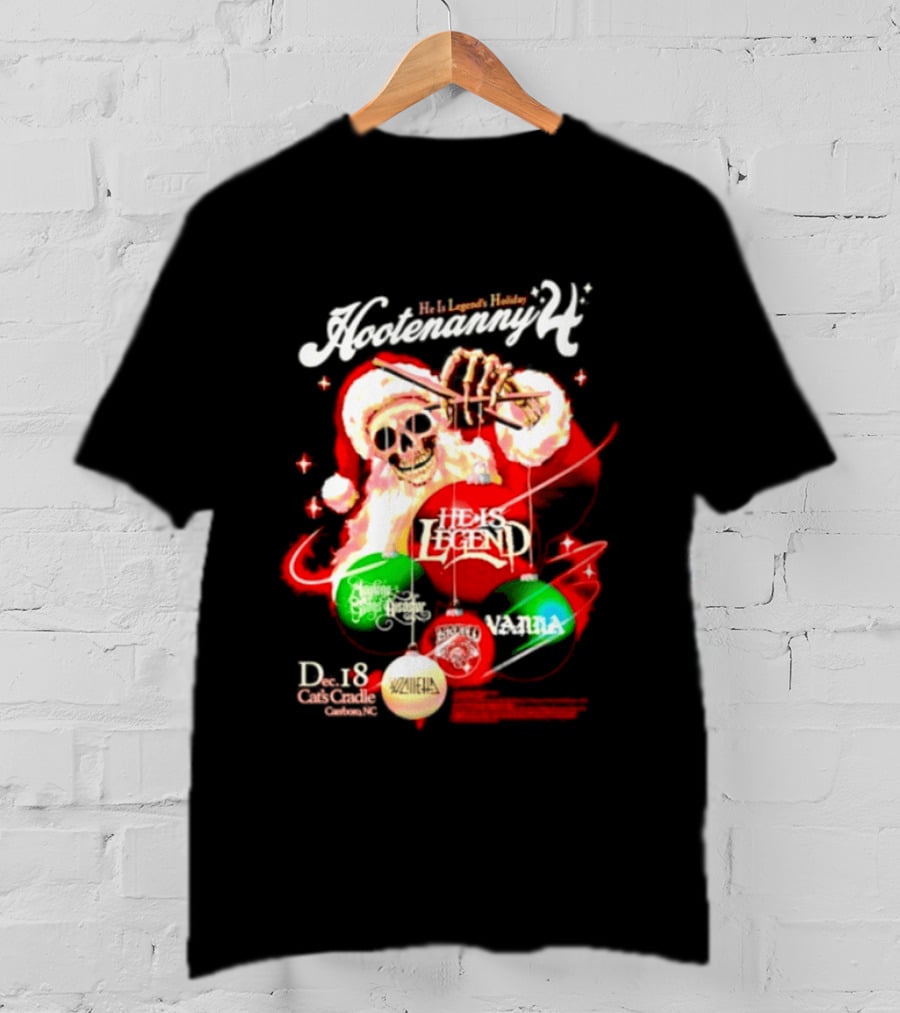 Holiday Hootenanny He Is Legend Skeleton Santa Cat's Cradle Carrboro NC Christmas T-Shirt