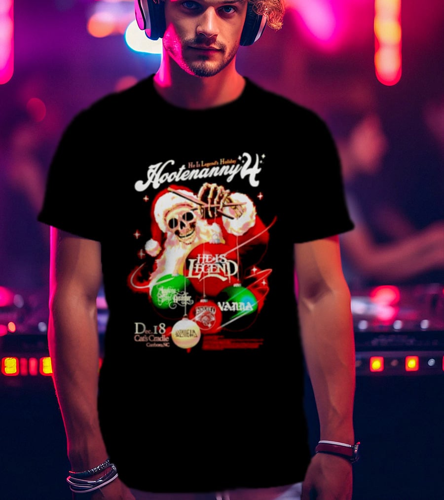 Holiday Hootenanny He Is Legend Skeleton Santa Cat's Cradle Carrboro NC Christmas T-Shirt