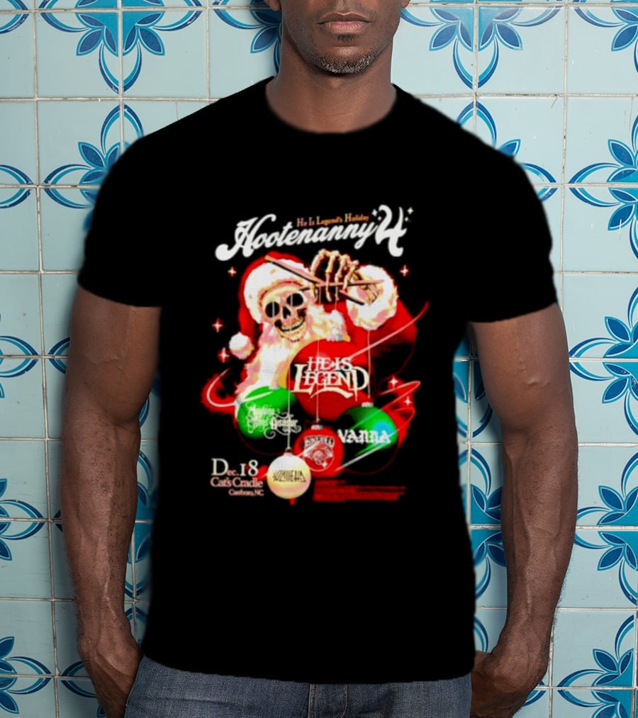 Holiday Hootenanny He Is Legend Skeleton Santa Cat's Cradle Carrboro NC Christmas T-Shirt