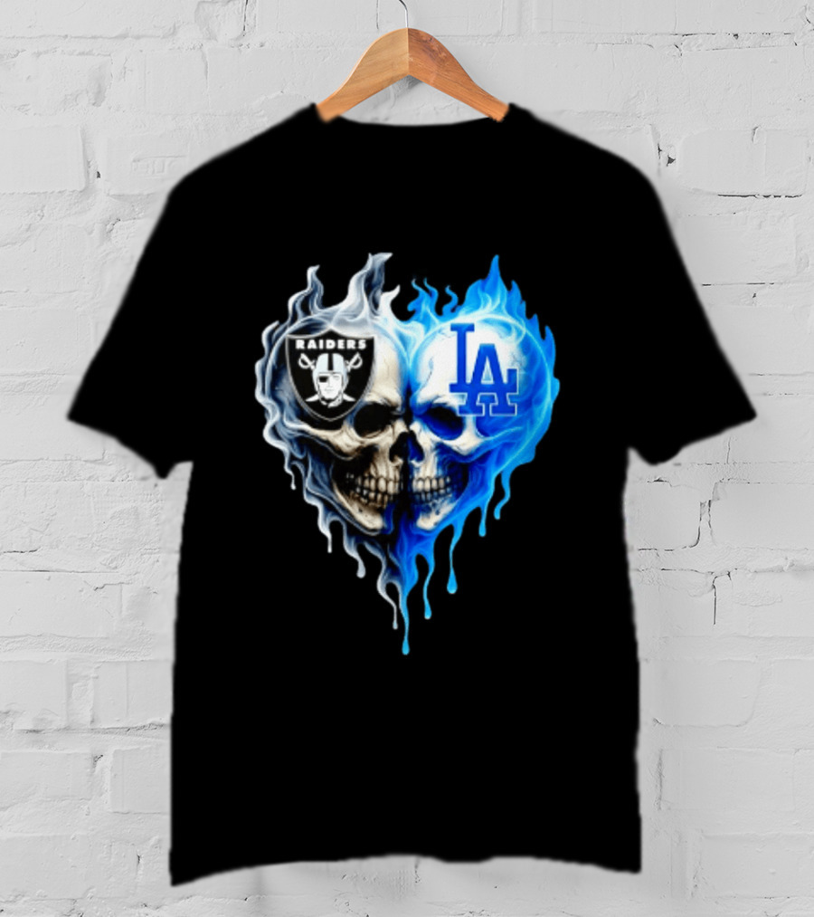 Las Vegas Raiders Los Angeles Dodgers Skulls Heart Blue Flames T-Shirt