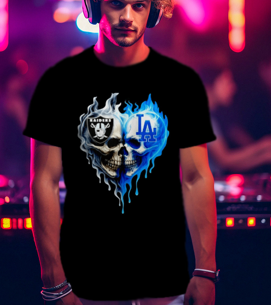 Las Vegas Raiders Los Angeles Dodgers Skulls Heart Blue Flames T-Shirt