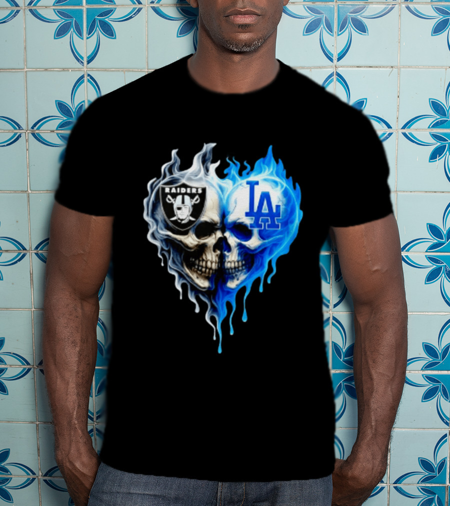 Las Vegas Raiders Los Angeles Dodgers Skulls Heart Blue Flames T-Shirt