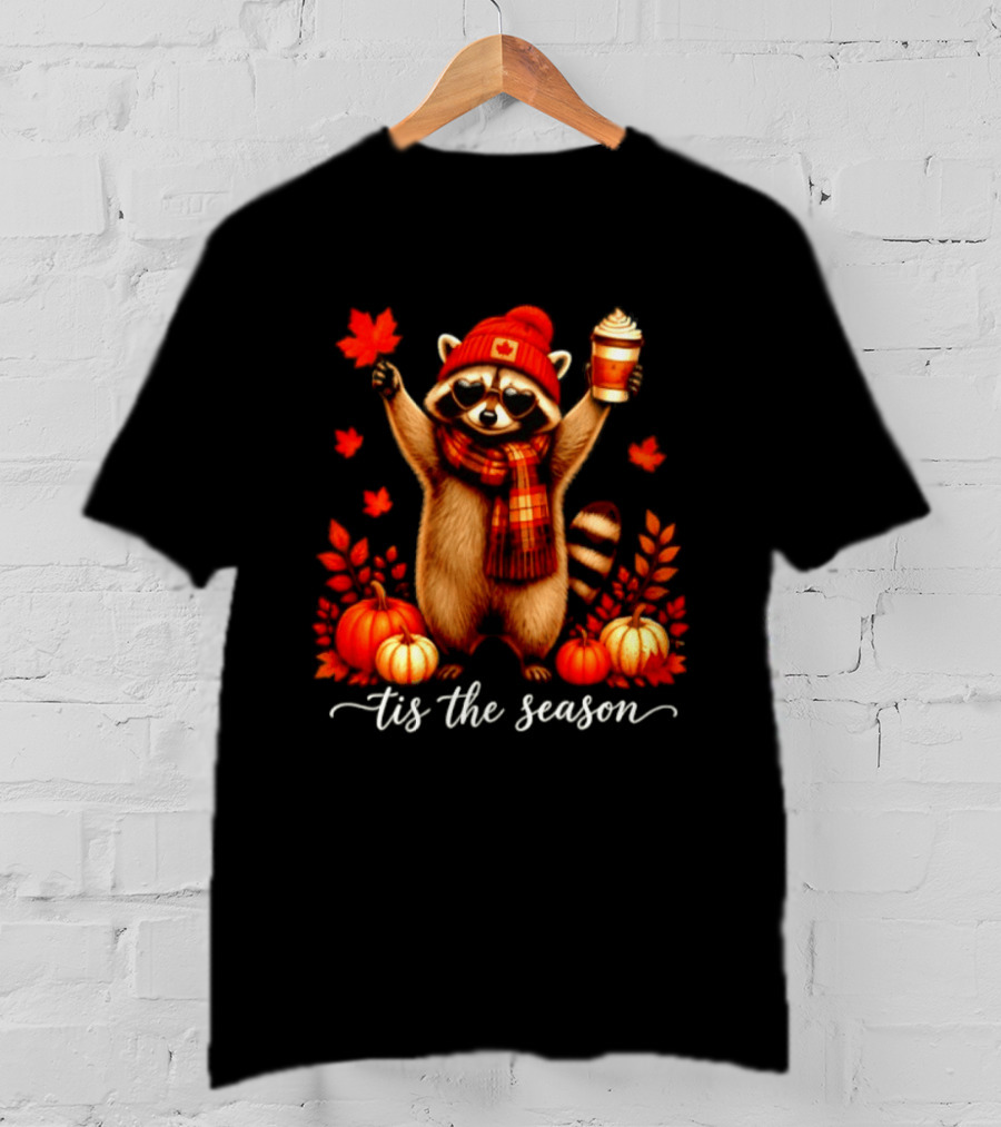 Raccoon In Scarf With Heart Sunglasses Autumn Leaves Pumpkins Tis The Season T-Shirt