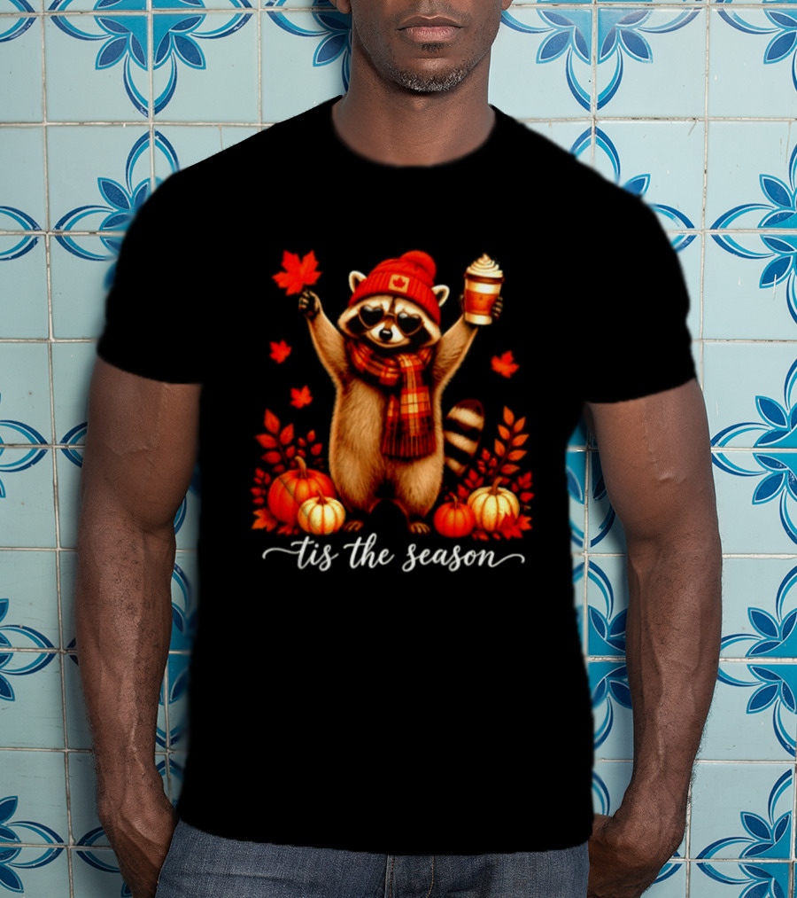 Raccoon In Scarf With Heart Sunglasses Autumn Leaves Pumpkins Tis The Season T-Shirt