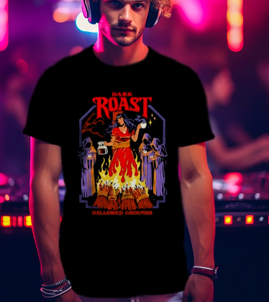Dark Roast Hallowed Grounds Coffee Witch Brewing Flames And Rituals T-Shirt