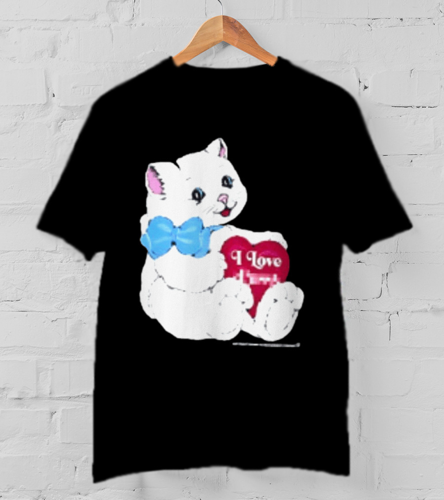 I Love Pussy Cats Heart Blue Bow Adorable White Kitten T-Shirt