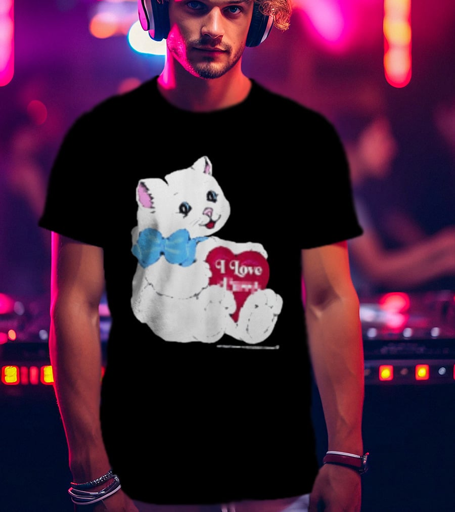 I Love Pussy Cats Heart Blue Bow Adorable White Kitten T-Shirt