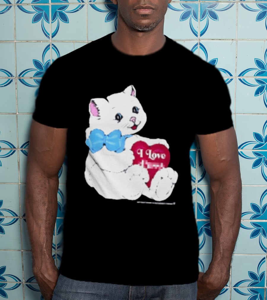 I Love Pussy Cats Heart Blue Bow Adorable White Kitten T-Shirt