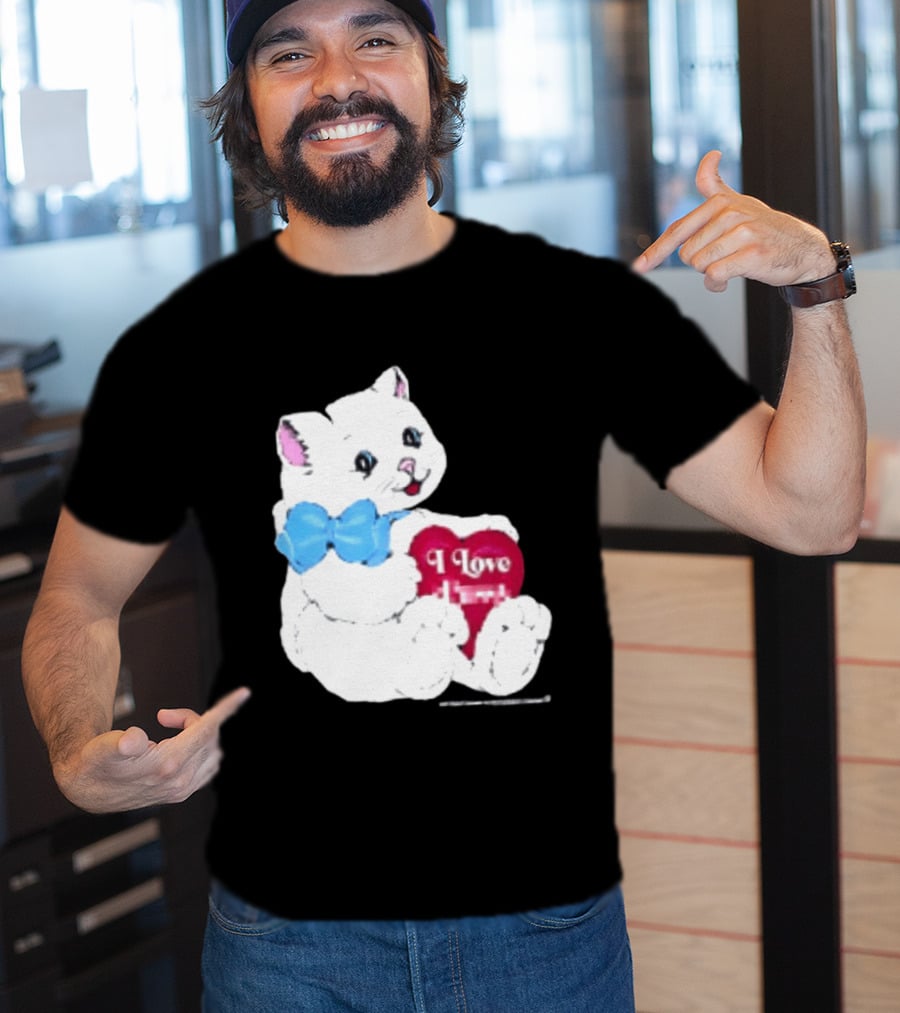 I Love Pussy Cats Heart Blue Bow Adorable White Kitten T-Shirt