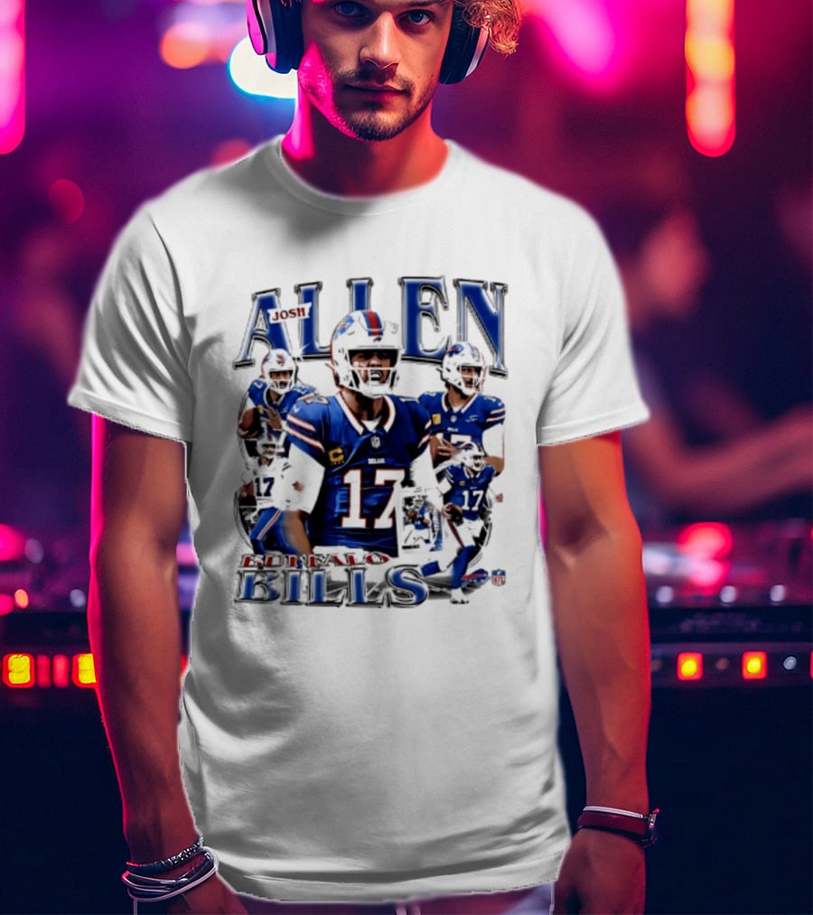 Josh Allen Buffalo Bills NFL Player Collage Featuring Number 17 Football Star T-Shirt